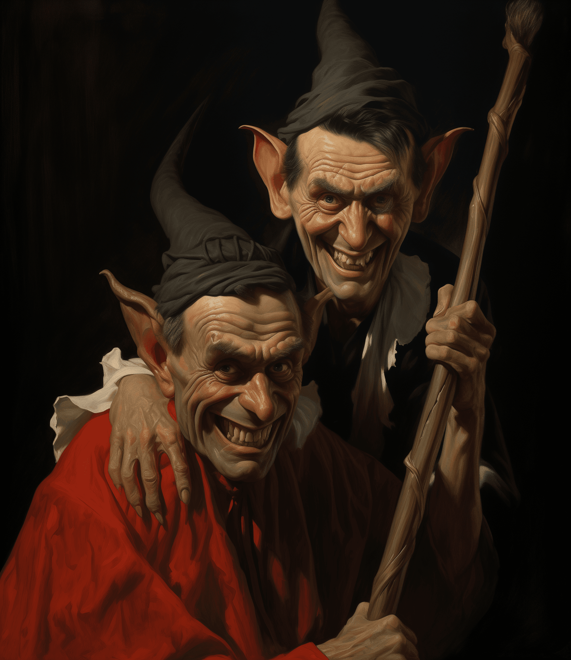 AI generated: A caricature of an elf and Satan holding brooms, in the style of James Tissot, William Mortensen and...