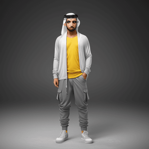 AI generated: Arab man capturing a model, silver and white color, man wearing an long loose cardigan, matte grey, ...