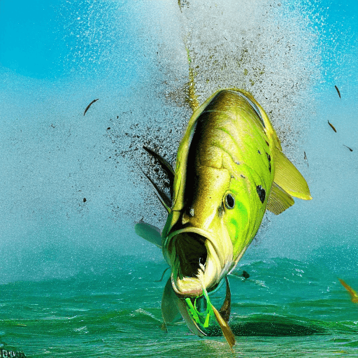 AI generated:  mahi-mahi fish jumping out of the water with a popper lure in its mouth, hyperrealistic, clear wate...