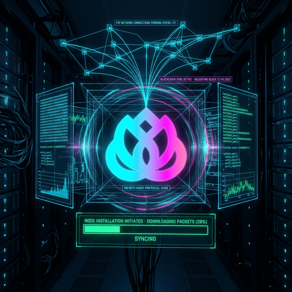 AI generated:  "Node installation sequence, futuristic holographic terminal showing download progress, P2P network...