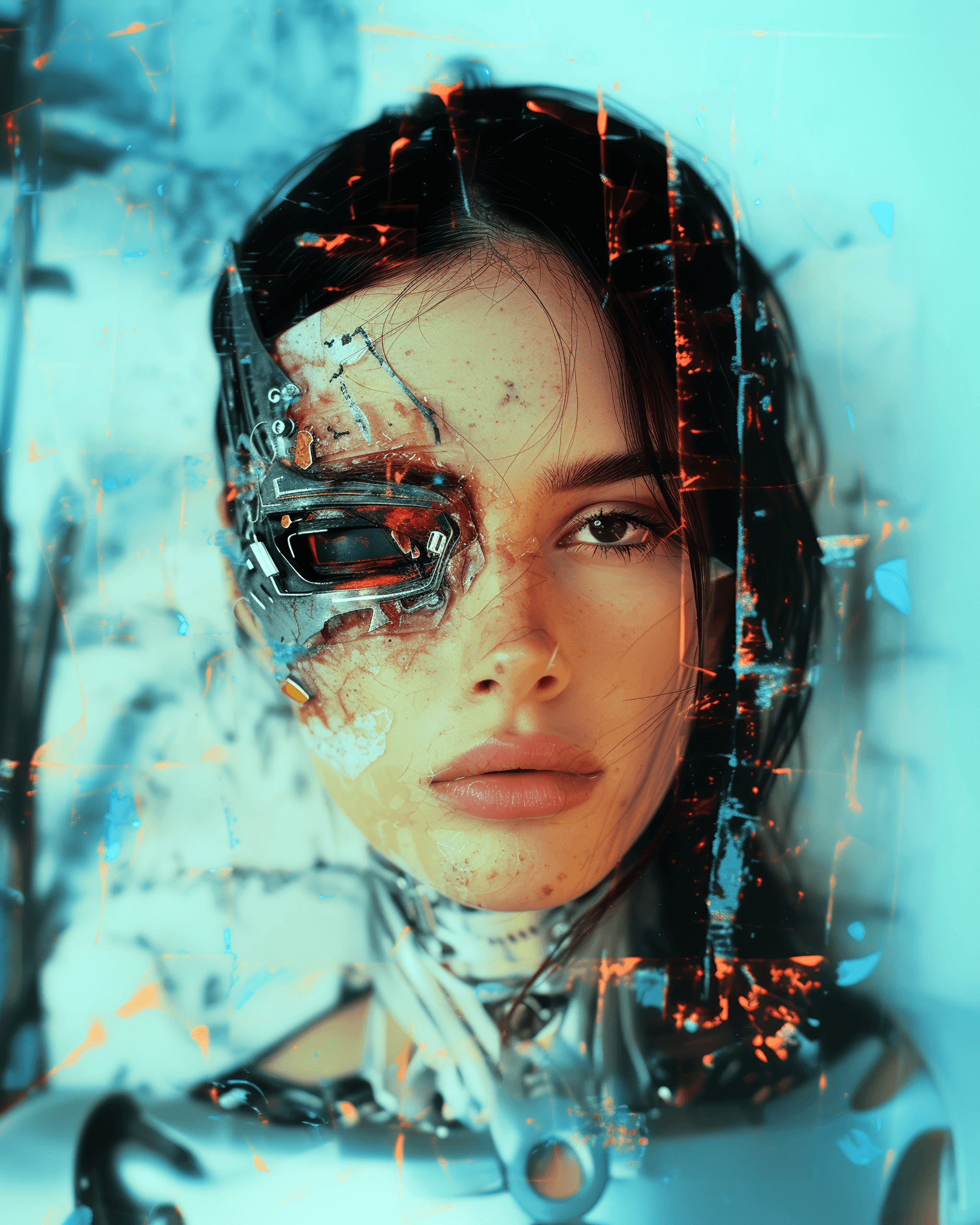 AI generated: Photo of a broken ruined cyborg girl in a landfill, robot, body is broken with scares and holes, hal...