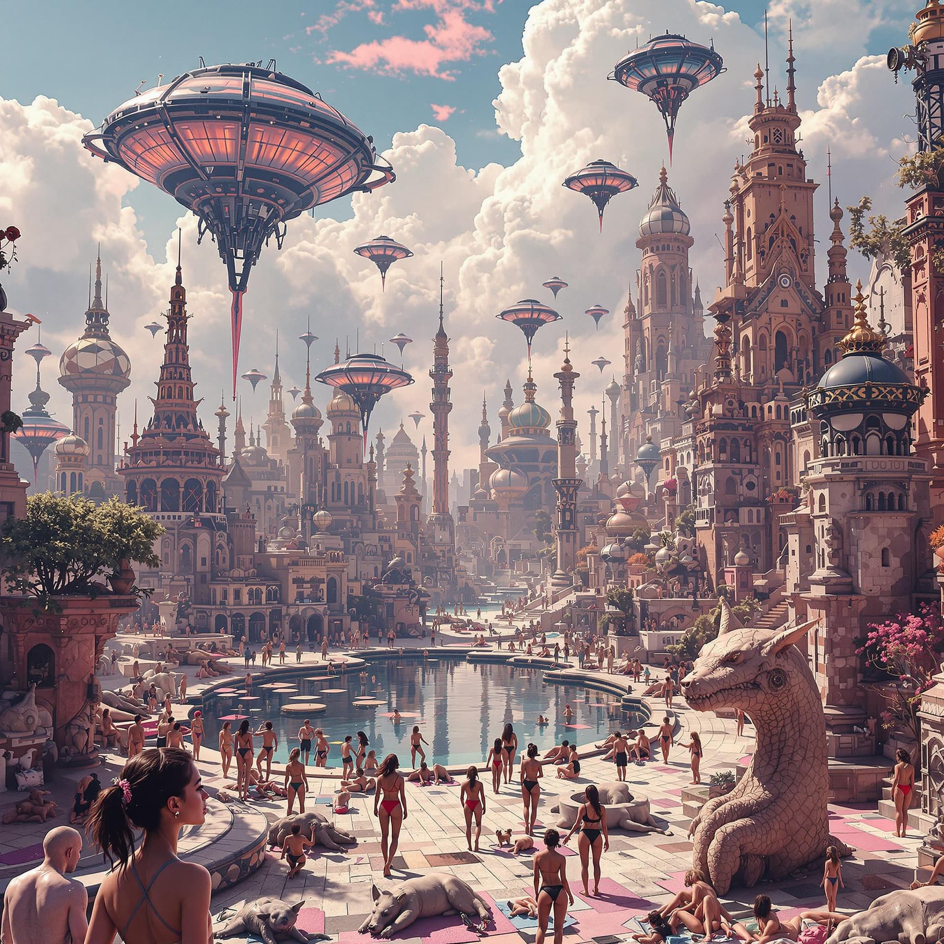 AI generated: A trippy, psychedelic and surreal AI-created city of the distant future, characterized by hyperreali...