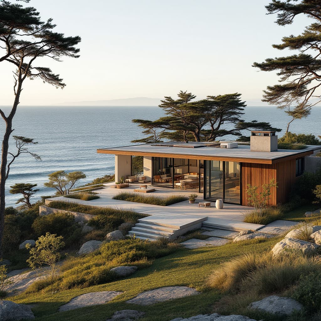 AI generated: Hyper realistic eye level exterior photo of a mid century modern style house overlooking the ocean, ...
