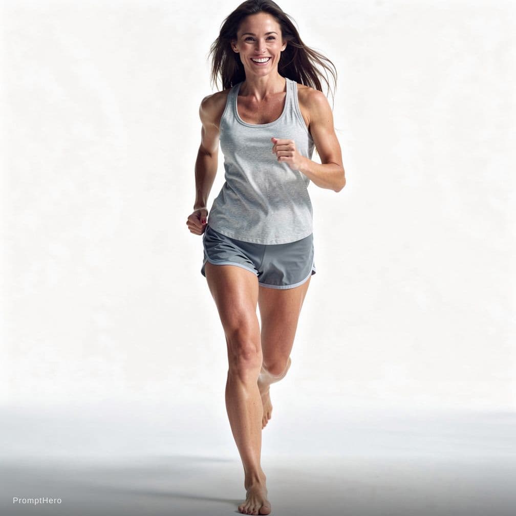AI generated: Full-body shot of stunning young brunette female with very short skin tight running shorts and light...