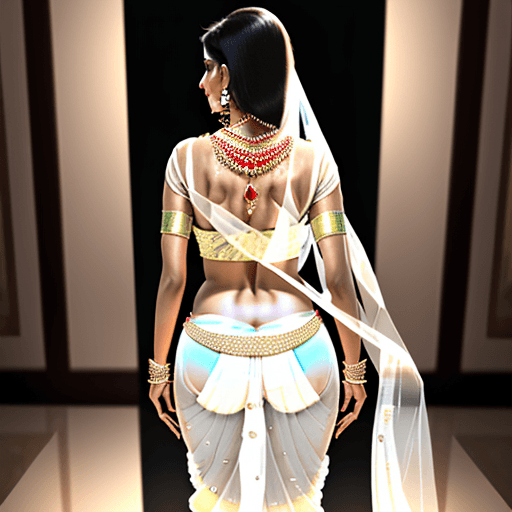 AI generated: Bold and gorgeous Indian mother standing on backside wearing shiny white transparent saree which is ...