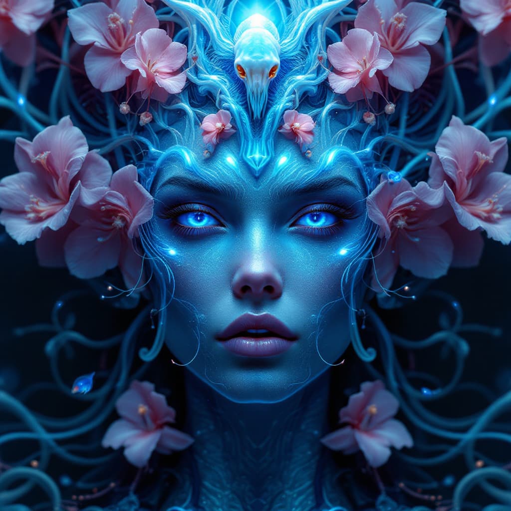 AI generated: Goddess close-up portrait ribcagel. jellyfish phoenix head, nautilus, orchid, skull, betta fish, bio...