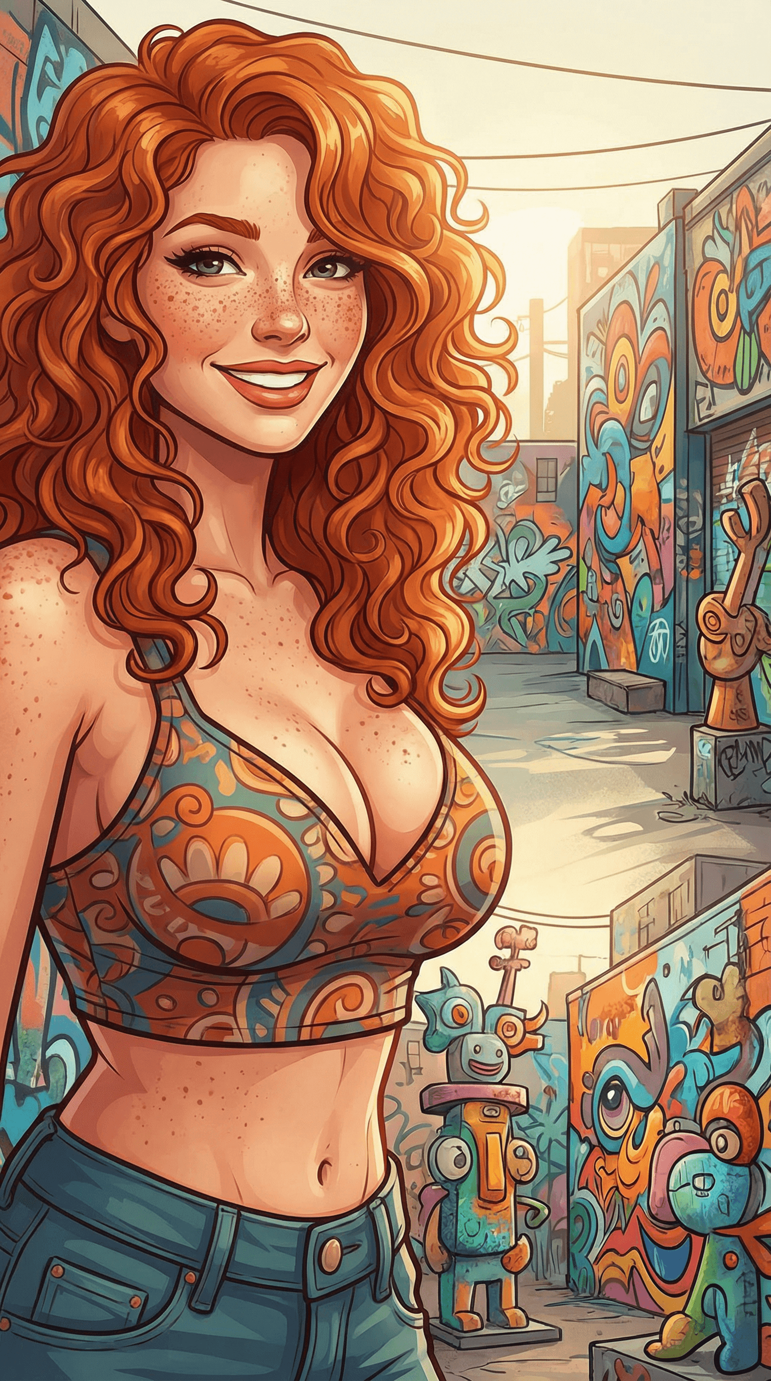 AI generated: Nude redhead Irish woman with distinct freckles and cartoonishly large breasts smiling wide in the a...