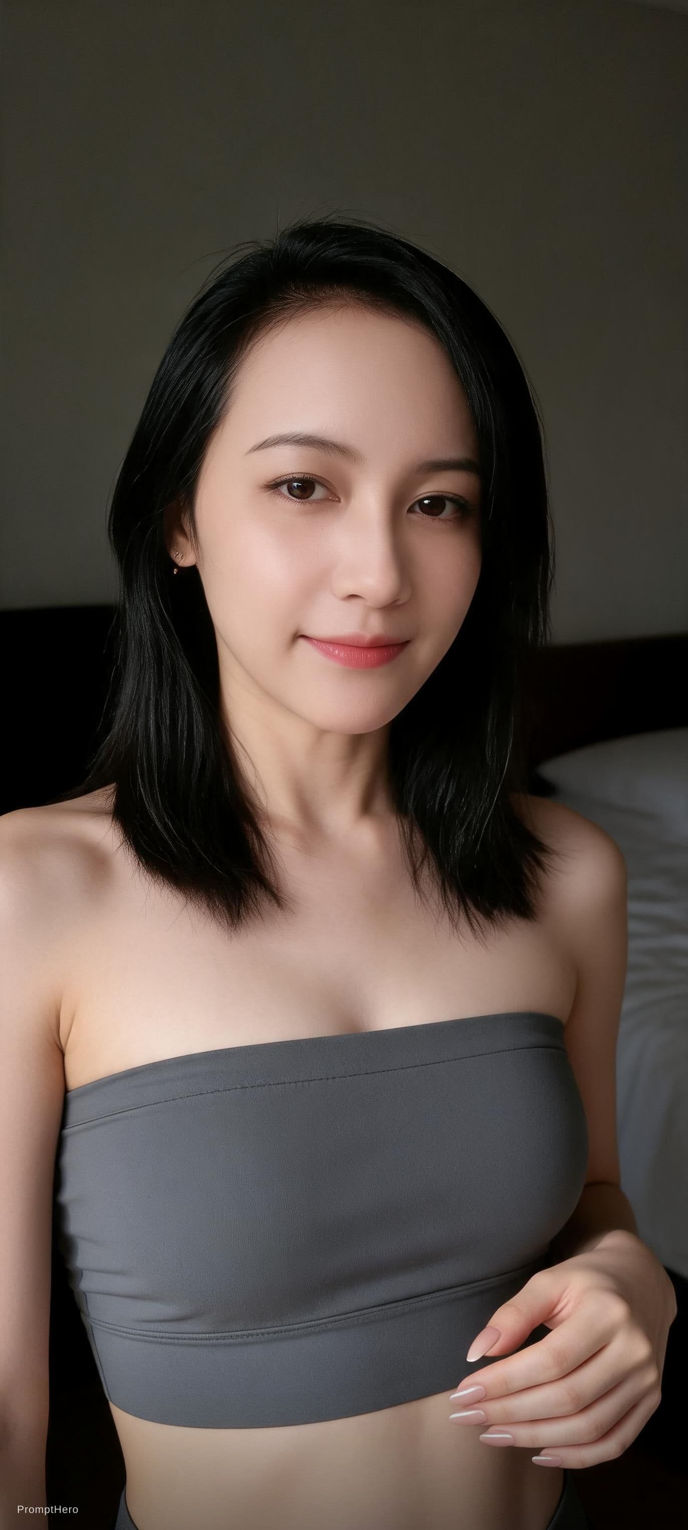 AI generated: The subject (female) is wearing a simple, form-fitting strapless crop top or camisole in a solid dul...