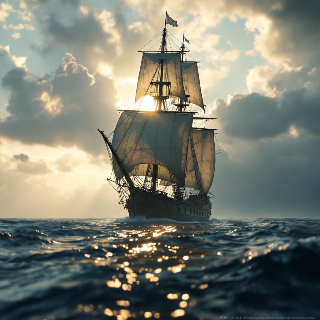 AI generated: Photo of a ultra realistic sailing ship, dramatic light, pale sunrise, cinematic lighting, battered,...