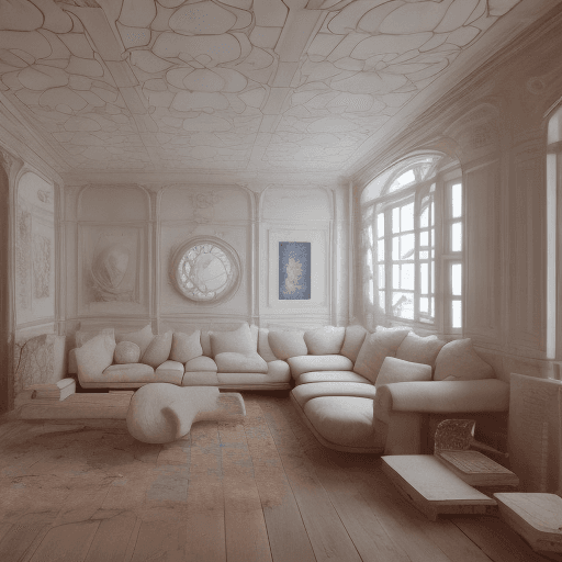AI generated: High resolution photography interior design, dreamy sunken living room conversation pit, wooden floo...