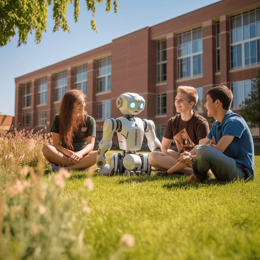 AI generated: a short and round robot is siting with 4 teenagers on a grassland in front of a brick-red campus bui...