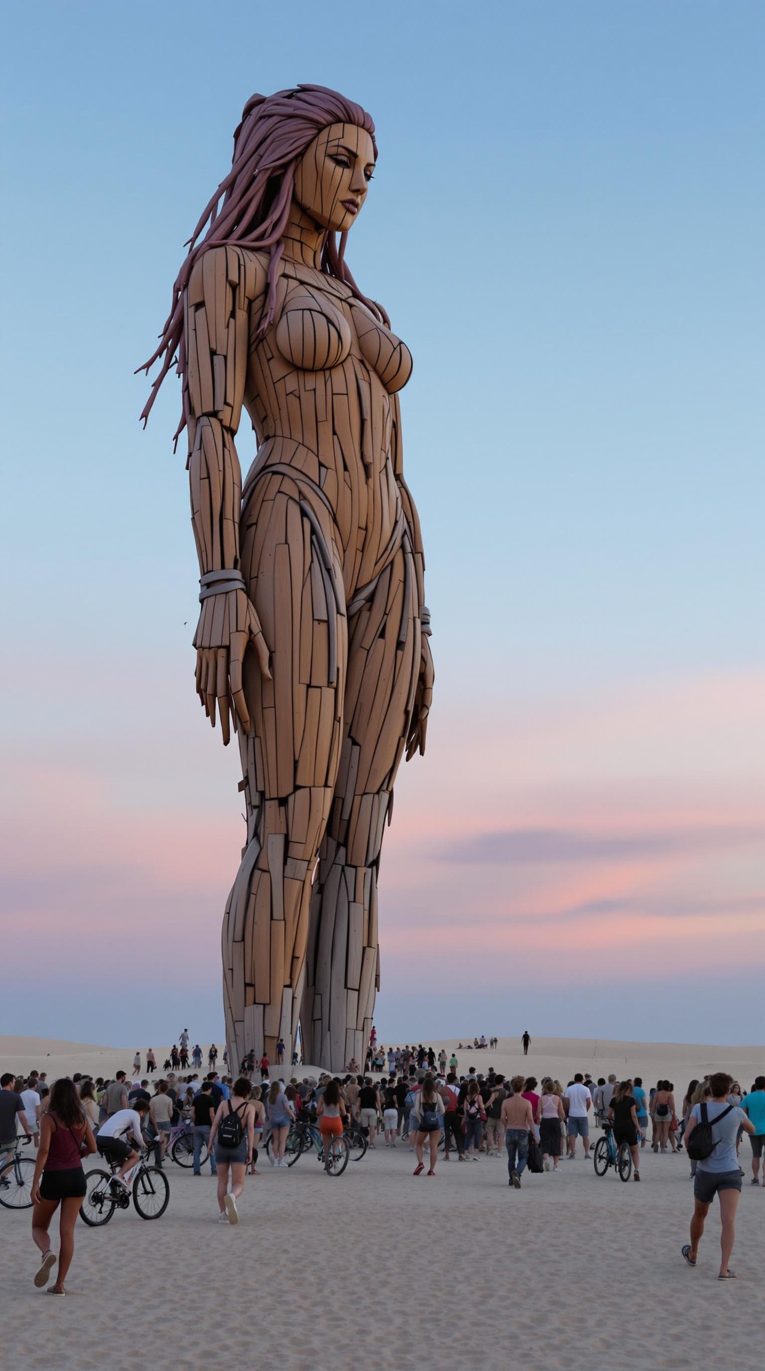AI generated: The image, in desertpunk style, depicts a large, wooden statue of a woman standing in a vast, open d...