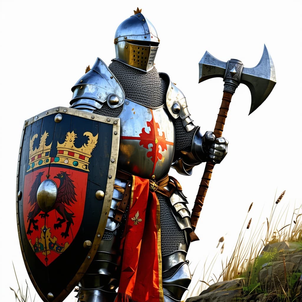 AI generated: a medieval knight in full plate armour, on foot, p.o.v. full body, holding a shield with his coat of...