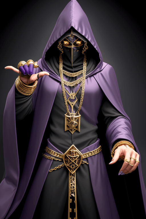 AI generated: Shadow wizard money gang, in purple cloak hood, dark face, gold chains and jewellery, rock and role ...