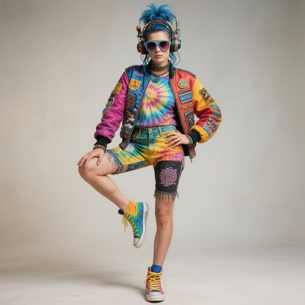 AI generated: a person posing in an eclectic and colorful outfit. They are wearing a vibrant jacket with patches, ...