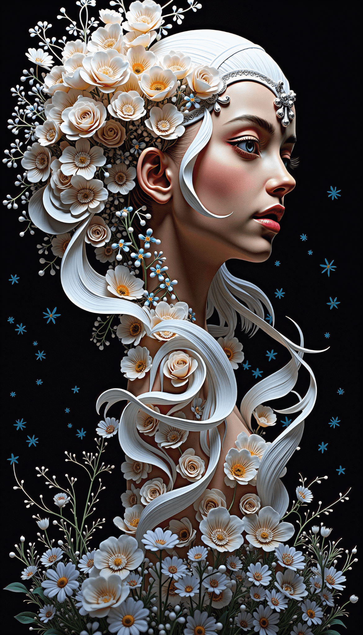 AI generated: An ethereal 3D side-profile image of a woman with pale skin and flowing white hair, blending into an...
