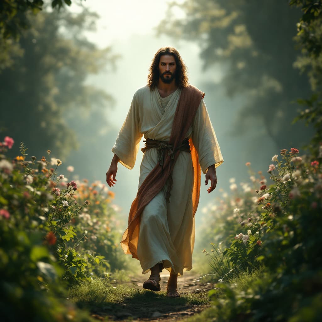 AI generated: Jesus walking in the garden , front, walking in the landscape. cinematic, hyper realism, high detail...