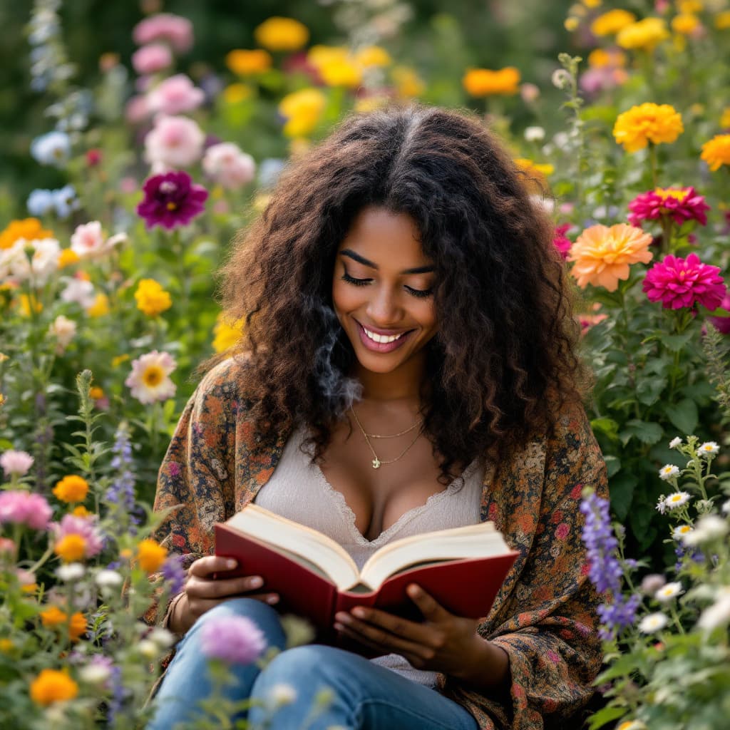 AI generated: A picture of a young, dark-skinned woman with medium-length locks in her early 20’s sitting in a gar...