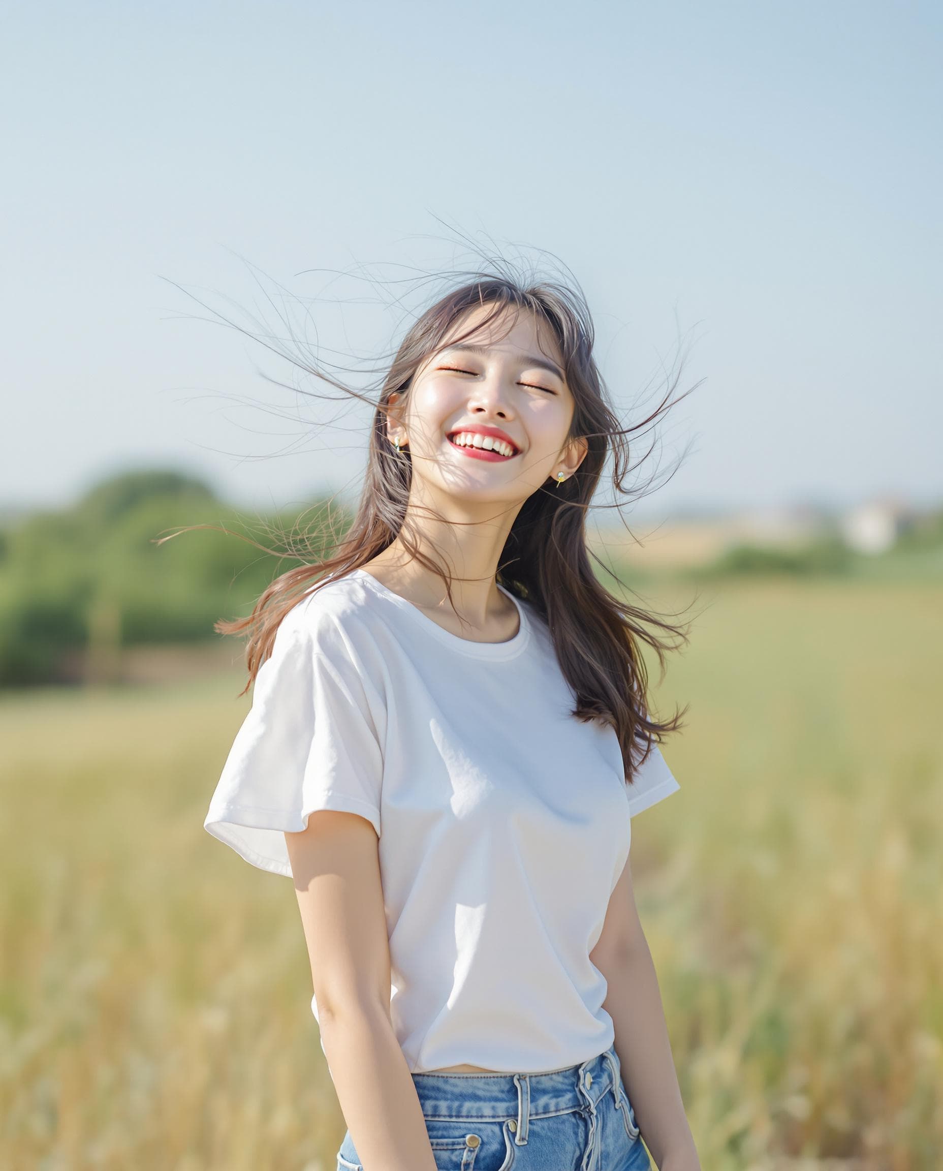 AI generated: Full body photo of an Asian girl, wearing a white short-sleeved top and denim shorts, smiling with h...
