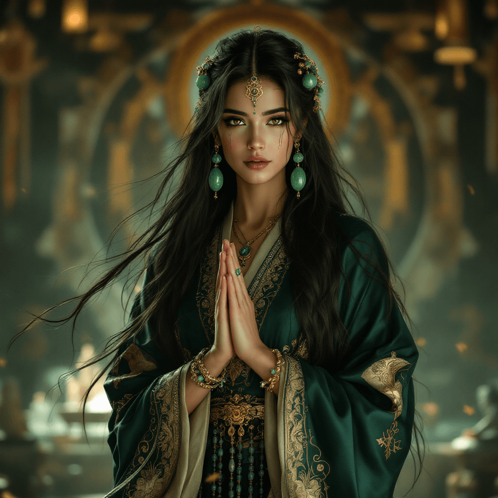 AI generated: The Priestess of the Jade Temple: A wise and compassionate priestess with long, flowing, ebony hair ...