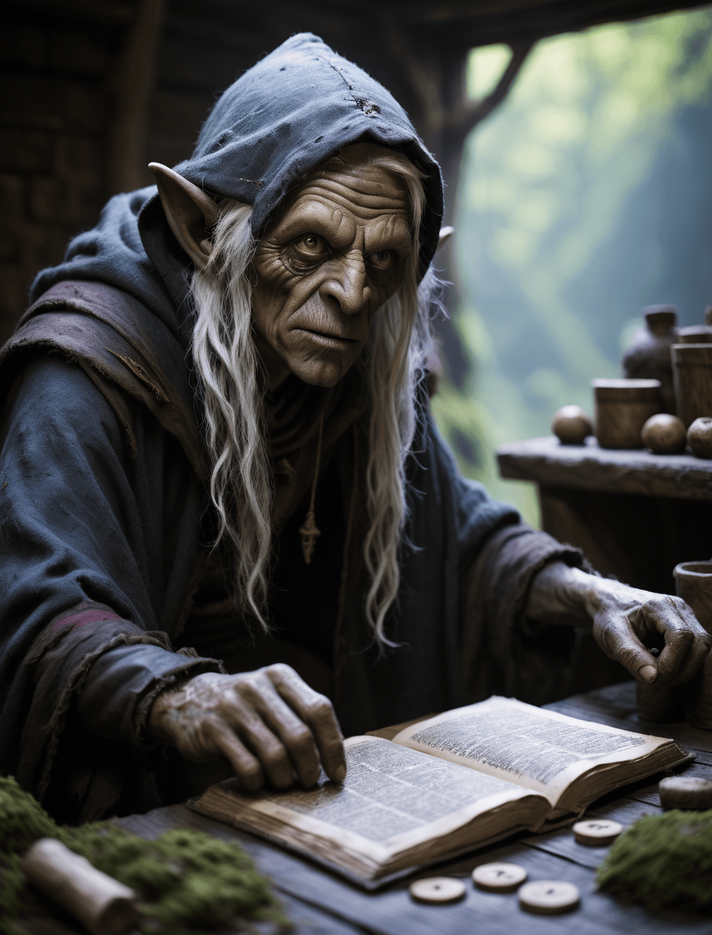 AI generated: photography in the style of detailed hyper realism, old hooded dark robbed male rpggoblin in a marke...
