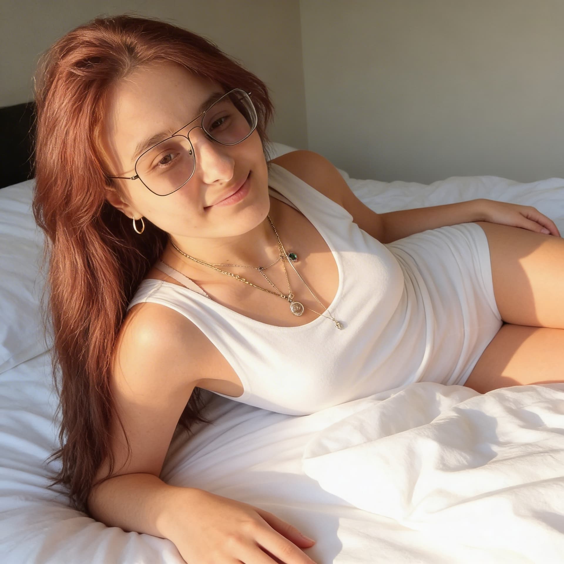 AI generated: foto di me a figura intera dove sono sdraiata sopra un letto in biancheria bianca guardo la telecame...
