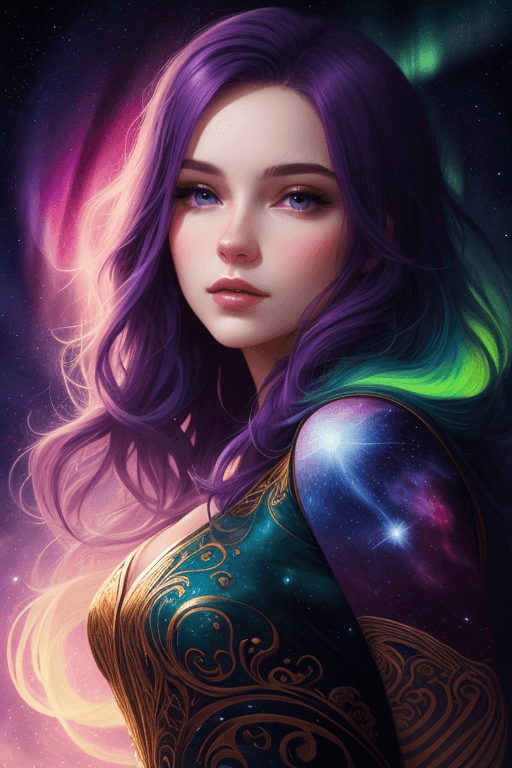 AI generated: A beautiful woman, violet hair, cosmic dress, galaxy, aurora borealis, illustration, portrait, conce...