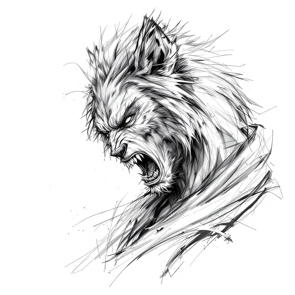 AI generated: half man half werewolf a pencil sketch drawing, action pose --ar 1:2 --stylize 750 --v 6.1