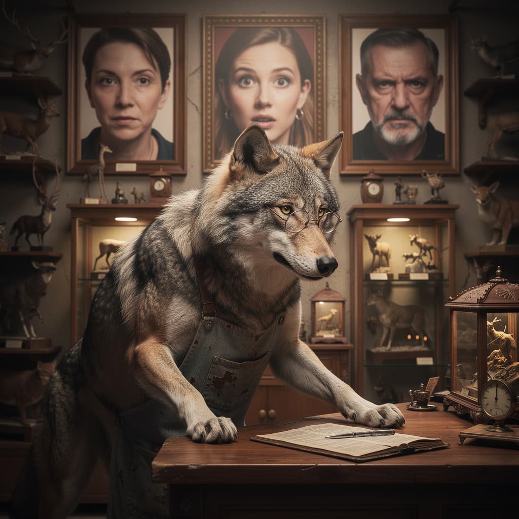 AI generated: at a taxidermy store, a realistic wolf is leaning over the counter, wearing a bibbed apron and weari...