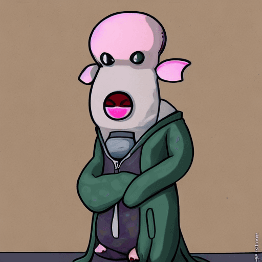 AI generated: gay, furry, nsfw, anthropomorphic, axolotl, long penis, two penises, shy, wearing a hoodie