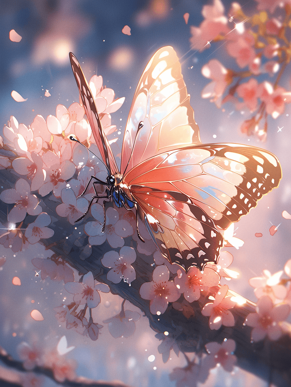 AI generated: Macro photo shot of a delicate butterfly looks up at the blooming cherry blossoms, with flower petal...