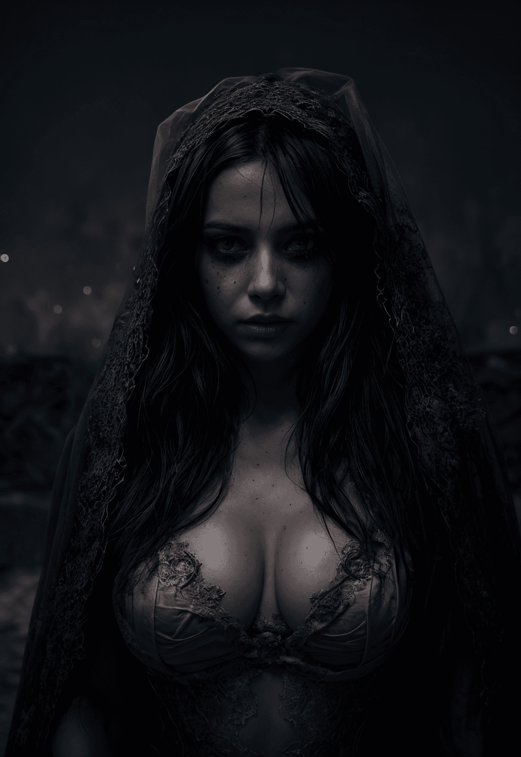 AI generated: Scary bride ghost, skull visible, tattered bridal gown, veil covering face, close-up, subtle illumin...