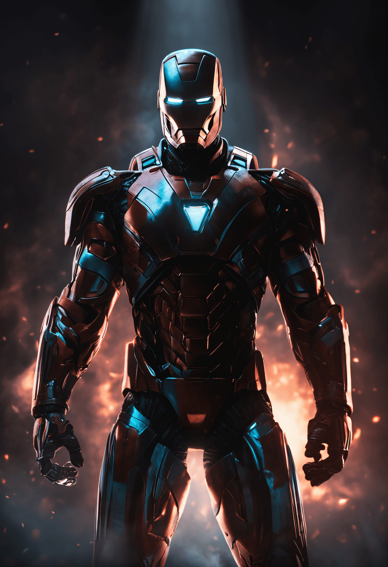 AI generated: Iron Man in dark room, backlit portrait, chiaroscuro portrait, low-key, dark portrait, high contrast...