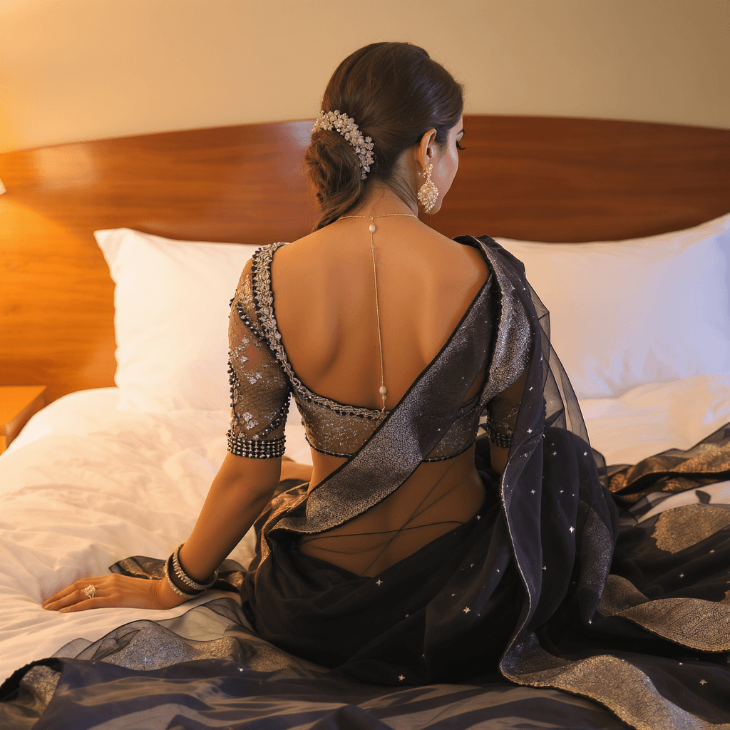 AI generated: busty indian with backless designer blouse in transparent black saree, sitting on bed