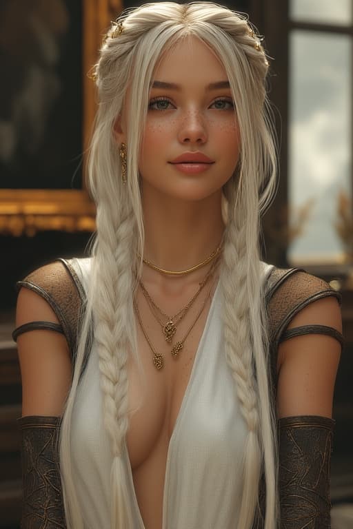 AI generated: A beautiful woman with long, braided platinum blonde hair, adorned with delicate gold hair accessori...