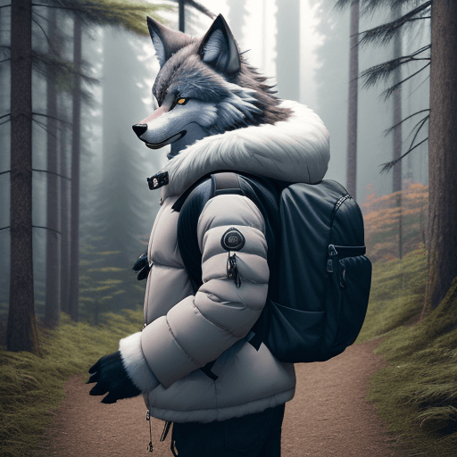 AI generated: furry, fursona, anthro, wolf male, anthropomorphic, clothed, puffy jacket, backpack, (subject on the...