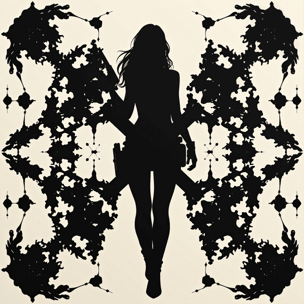 AI generated: Rorschach Inkblot: A symmetrical inkblot design that, when observed, reveals the form of the heroine...