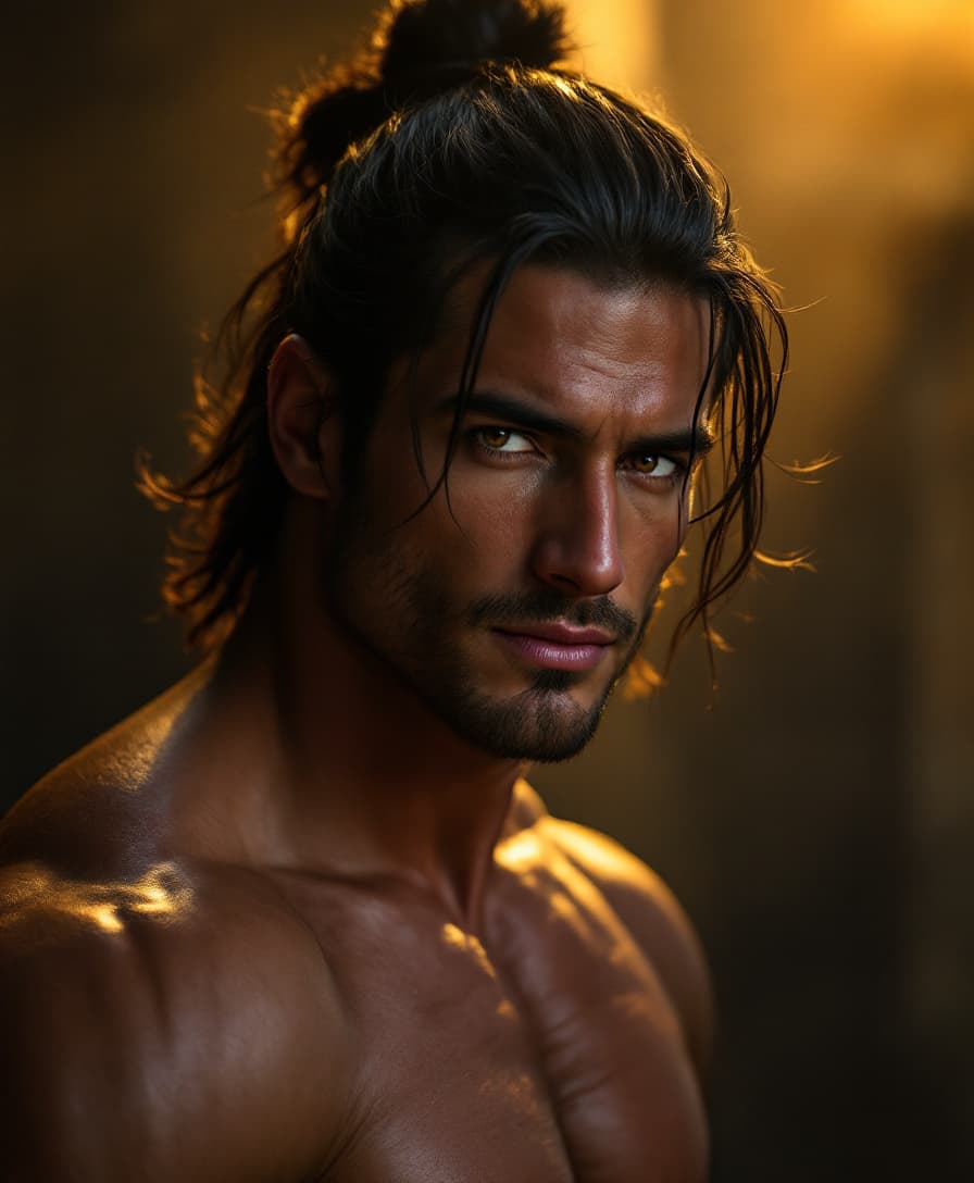 AI generated: Hyper realistic   cinematic potrait of a strong, man, faint smile muscular body,shoulder-length dark...