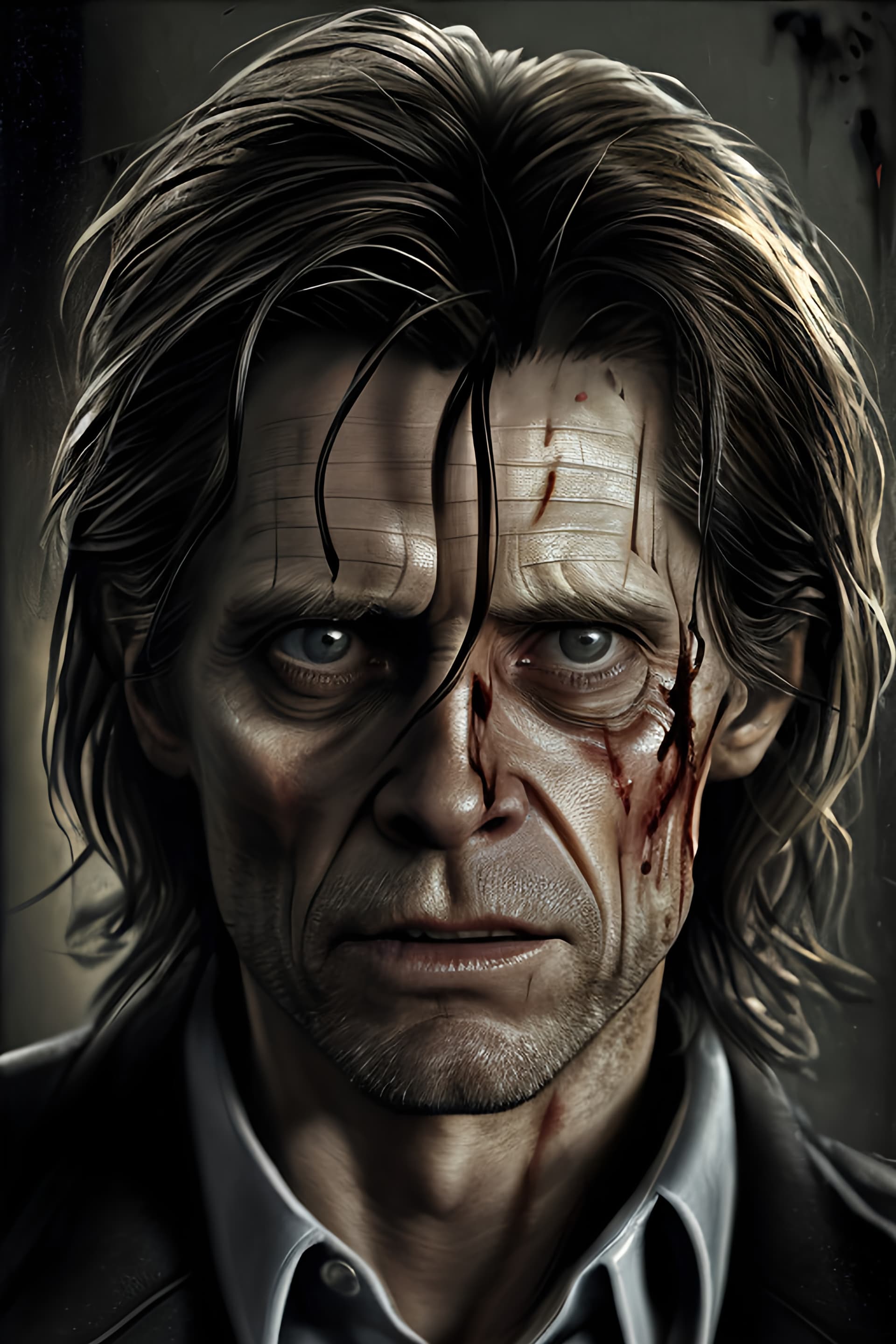 AI generated: Art portrait of Willem Dafoe as a silent hill character, horror style, eerie, strange, creepy, long ...