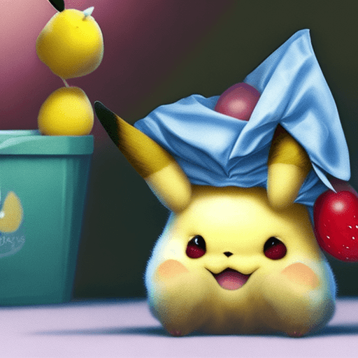 AI generated: Photorealistic image of a flurry and chubby baby Pikachu sitting in a fruit bag, 