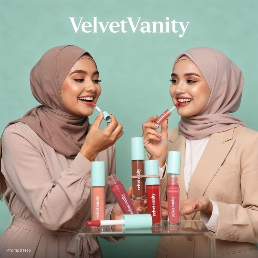 AI generated: make me a visual of 2 modern hijabi trying the VelvetVanity lip care products such as the ones in th...