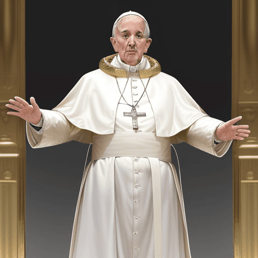 AI generated: The Pope wearing a full length white down shiny puffy jacket, gold cross jewelry, gold rings --q 5 -...
