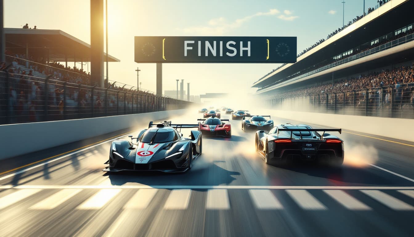 AI generated: The wide track is well lit by sunlight.  Tension is increasing. FINISH Transpost over a wide race tr...
