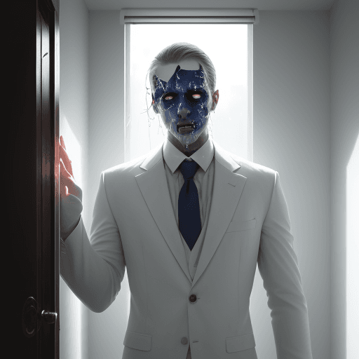AI generated: Neatly dressed man dressed in a white suit standing in a brightly lit room, His eyes wide with fear,...