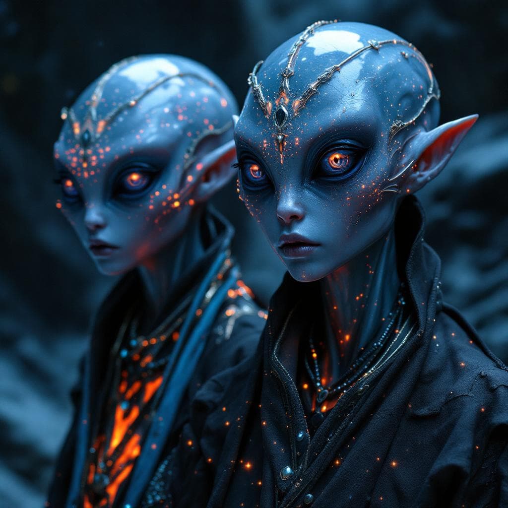 AI generated: Create a unique, flesh, organic, species, Male and Female. An otherworldly alien figure with iridesc...