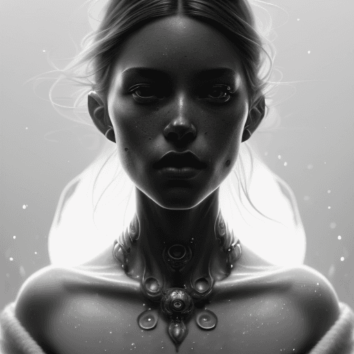 AI generated: A black and white portrait of a women, long hair, wearing clothes, upper body, head and shoulders po...