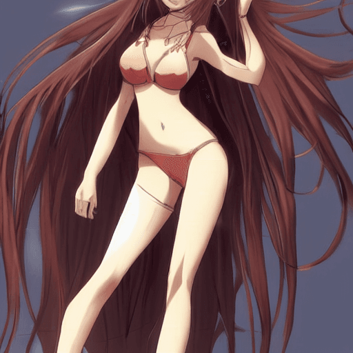 AI generated: Anime female, her name is Reze, she has a peach colored long hair, she is wearing a swimsuit 