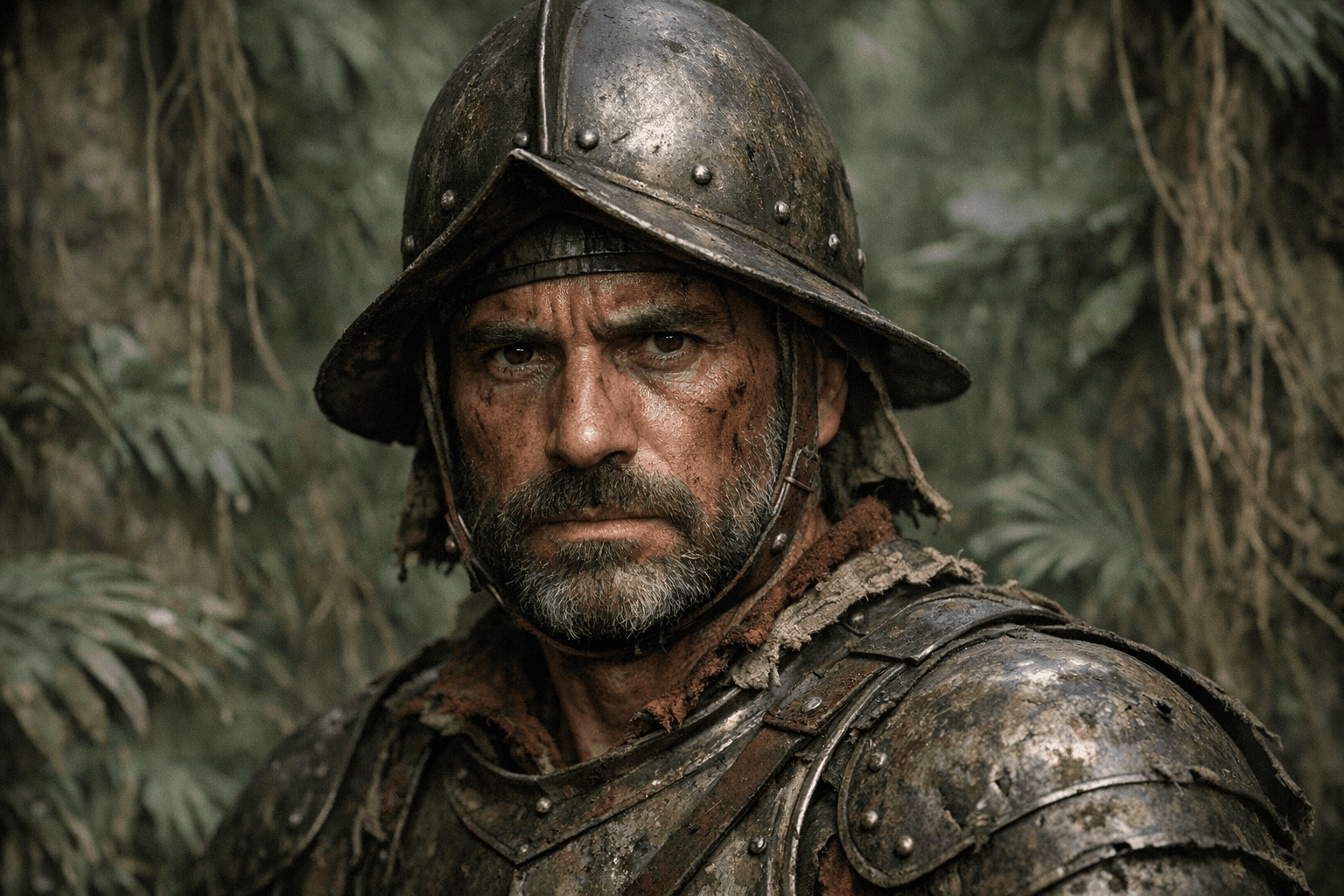 AI generated: Ultra-realistic cinematic portrait of a Spanish conquistador, bust-length, staring intensely at the ...