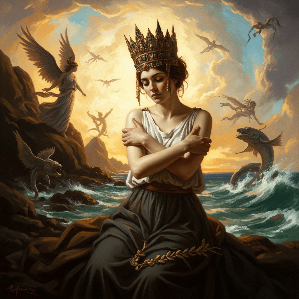 AI generated: 

Subject Matter: Focus on the central figure, capturing her pose, expression, and the details of he...