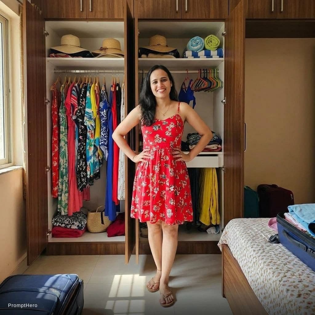 AI generated: Removed clothes , big chest and make closet , in red bikini